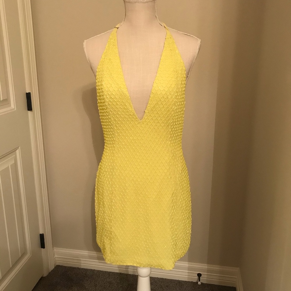 Yellow beaded plunge neckline halter mini dress S